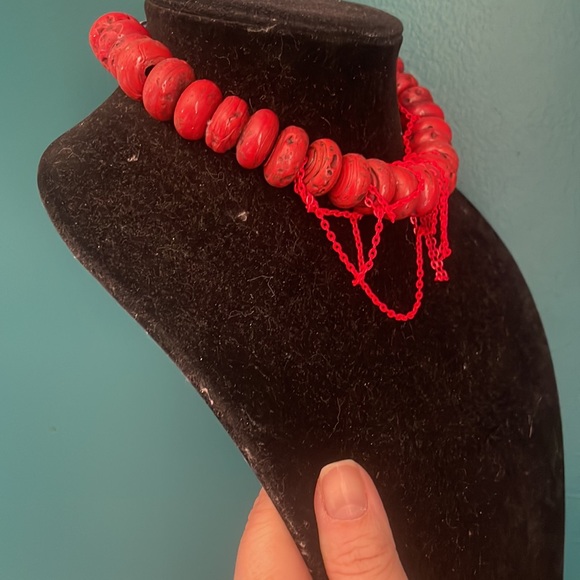 Rustic Tribal Red Beaded Chain Necklace - Picture 4 of 5
